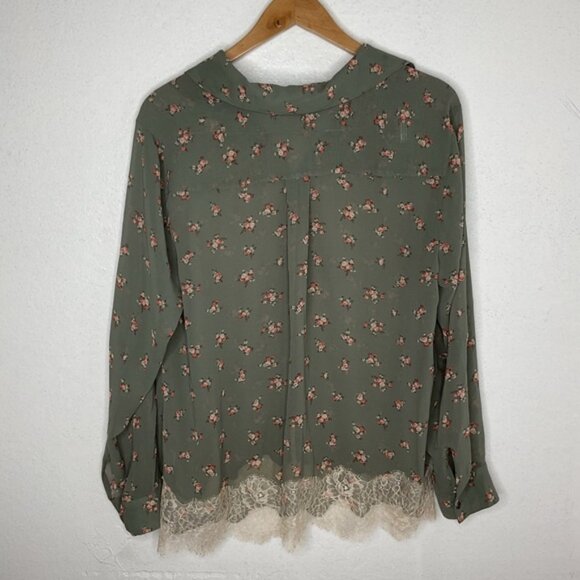 Sheer Cottagecore Floral Blouse with Lace Trim | Button-Down Long Sleeve Top | L - Picture 7 of 9